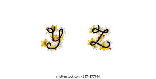 Vector spring narcissus flower alphabet. Realistic lettering, yellow and white color. Old gothic style. Summer and spring cute colors. Romantic and fresh. y,z letters