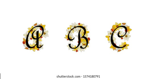 Vector spring narcissus flower alphabet. Realistic lettering, yellow and white color. Old gothic style. Summer and spring cute colors. Romantic and fresh. A, B, C letters