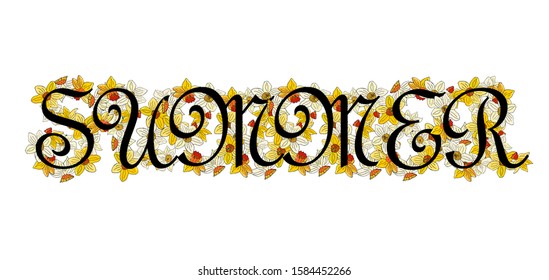 Vector spring narcissus flower alphabet. Realistic lettering, yellow and white color. Old gothic style. Summer and spring cute colors. Romantic and fresh. Summer text
