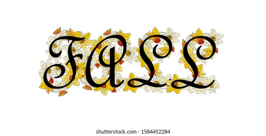 Vector spring narcissus flower alphabet. Realistic lettering, yellow and white color. Old gothic style. Summer and spring cute colors. Romantic and fresh. Fall text