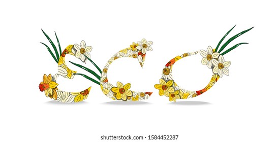 Vector spring narcissus flower alphabet. Realistic lettering, yellow and white color. Summer and spring cute colors. Romantic and fresh. Eco text