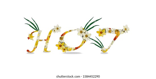 Vector spring narcissus flower alphabet. Realistic lettering, yellow and white color. Summer and spring cute colors. Romantic and fresh. Hot text