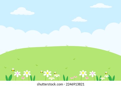 Vector of spring in natural,Blue sky landscape,Meadow on hills with flowers green plant illustration