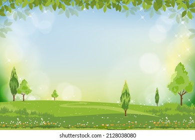 Fondo natural de primavera vectorial con flor de nevada y campo de hierba verde, fondo de verano con ramas dejan a bordo y efecto de luz borda y borrosa. Banner de plantilla para el concepto de Pascua