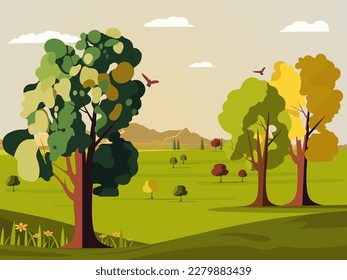 Vector Spring Nature Landscape Background With Mountains, Trees And Flying Birds.