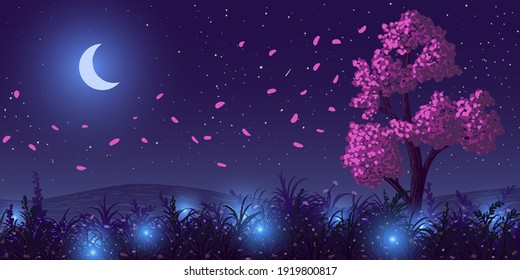 El paisaje nocturno de primavera vectorial. Árbol floreciente en pradera con luciérnagas y pétalos voladores en viento contra cielo con fondo lunar.