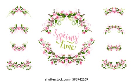 Vector spring page decorations and dividers. Ornament of flowers, leaves and flourishes on tree branches. Cherry pink blossoms. Isolated on white background.