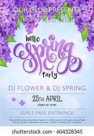 Vector spring party poster with lettering and lilac flowers .