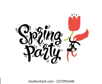Vector spring party sign, emblem with hand drawn lettering and flowers on on white background. Vector illustration. For poster, banner, card design
