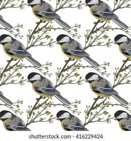 Vector Spring pattern background with flowers and birds. Beautiful card with blossom flowers and birds. Pastel colors