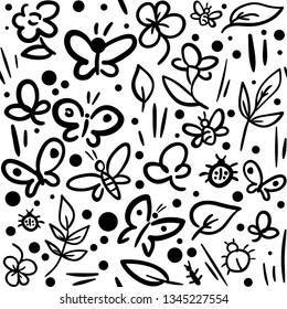 Vector spring pattern with blossoming plants, leaf and flying insects around flowers and butterflies, bugs, bee floral illustration.