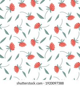 Vector spring pattern with flowers and leaves on a white background, for textile design. In pastel colors.