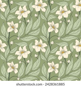 Vector spring pattern with flowers on dark green background. Vector typography design for wrapping paper, wallpaper, textile, apparel.