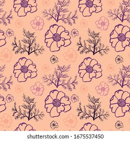 
vector spring pattern. Seamless repeating floral background. flowers and curly branches on a colored background. linear illustration