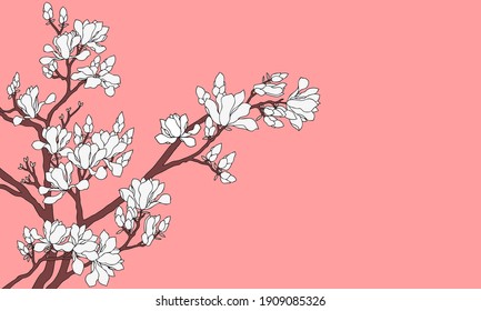 Vector spring pink background with flowering tree in Japanese style. 