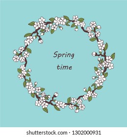 Vector spring postcard template. Spring time. Spring flowers and leaves on the tree. Round frame. On a blue background.