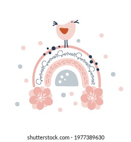 Vector spring rainbow with flowers bouquet, dots and bird above. Cartoon hand drawn scandinavian style summer isolated on white background for kids, children books, interior design.