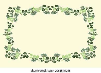 Vector spring rectangular frame with seamless pattern brush with natural elements leaves and small flowers gathered in a brush, a delicate basis for a card, invitation, banner. In pastel colors