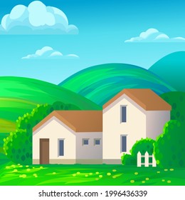 Vector spring rural landscape. House with white walls and brown roof in a green hilly area.