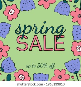 Vector spring sale advertisement template with spring floral elements in simple flat hand drawn style. Square banner, flyer template, social media post springtime marketing design.