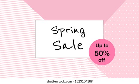 Vector spring sale background banner with stripes and white polka dots on pastel pink background.