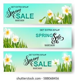 Vector spring sale background, horizontal banner with daffodils flowers.