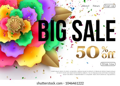 Vector spring sale banner design with colorful paper flowers