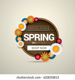 vector spring sale  banner design template. Spring sale pink label or background with beautiful flowers, wooden sign and text. Vector spring frame