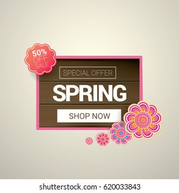 vector spring sale  banner design template. Spring sale pink label or background with beautiful flowers, wooden sign and text. Vector spring frame
