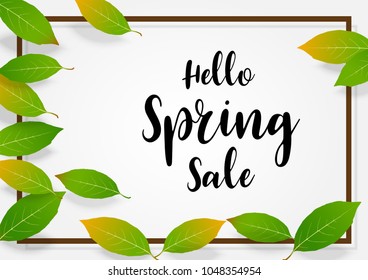 Vector Spring Sale banner. Green leaves square frame on white background.
