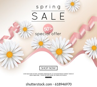 Vector spring sale banner with realistic daisy flowers for online shopping, web design, poster