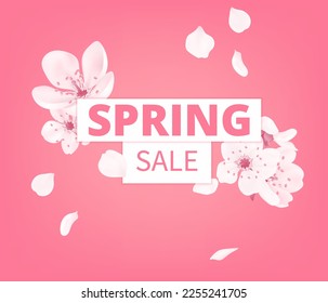 Vector Spring sale banner template with flowers blossom. Cherry white flower, spring blooming sakura greeting card on the pink background. Social media, flyers, invitations, posters, brochures.