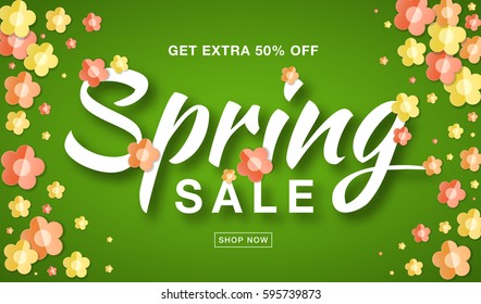 Vector Spring Sale banner with  typographic calligraphic lettering text on bright green background with colorful paper yellow, red, orange paper flowers. Sale vector 50% off. Hand drawn calligraphy. 