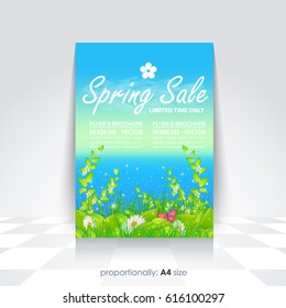 Vector Spring Sale Concept Ad, Flowers Elements Illustration, A4 Style Flyer, Poster, Brochure Cover Template. Beautiful Landscape Design