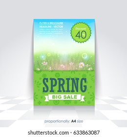 Vector Spring Sale Concept Ad, Flowers Elements Illustration, A4 Style Flyer, Poster, Brochure Cover Template. Beautiful Landscape Design