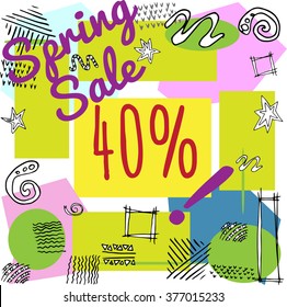 Vector spring sale design. Abstract multicolor geometric pattern with hand drawn elements. Unusual concept. 