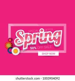 vector spring sale design template banner or tag on pink background. Abstract spring sale pink label or background with beautiful flowers and text.