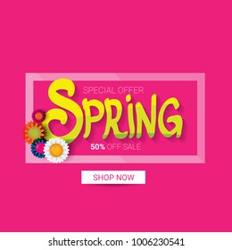 vector spring sale design template banner or tag on pink background. Abstract spring sale pink label or background with beautiful flowers and text.