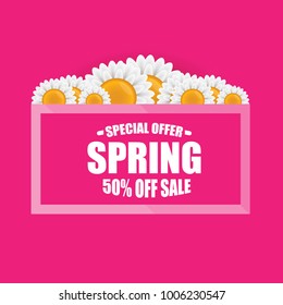 vector spring sale design template banner or tag on pink background. Abstract spring sale pink label or background with beautiful flowers and text.