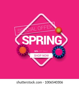 vector spring sale design template banner or tag on pink background. Abstract spring sale pink label or background with beautiful flowers and text.