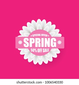 vector spring sale design template banner or tag on pink background. Abstract spring sale pink label or background with beautiful flowers and text.