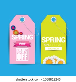 vector spring sale design template banner or tag on pink background. Abstract spring sale pink label or background with beautiful flowers and text.
