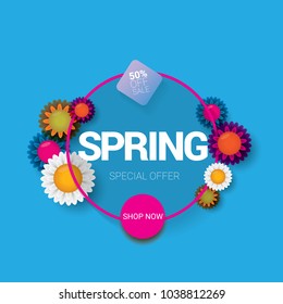 vector spring sale design template banner or tag on pink background. Abstract spring sale pink label or background with beautiful flowers and text.