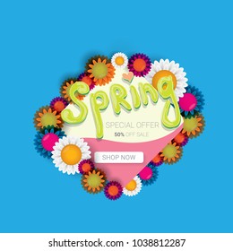vector spring sale design template banner or tag on pink background. Abstract spring sale pink label or background with beautiful flowers and text.