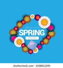 vector spring sale design template banner or tag on pink background. Abstract spring sale pink label or background with beautiful flowers and text.