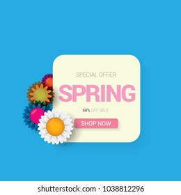 vector spring sale design template banner or tag on pink background. Abstract spring sale pink label or background with beautiful flowers and text.