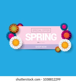 vector spring sale design template banner or tag on pink background. Abstract spring sale pink label or background with beautiful flowers and text.