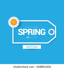 banner o etiqueta de la plantilla de diseño de primavera vectorial en fondo rosa. Etiqueta rosa o fondo de la venta de primavera abstracta con bellas flores y texto.