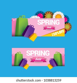 vector spring sale design template banner or tag on pink background. Abstract spring sale pink label or background with beautiful flowers and text.