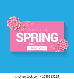 vector spring sale design template banner or tag on pink background. Abstract spring sale pink label or background with beautiful flowers and text.